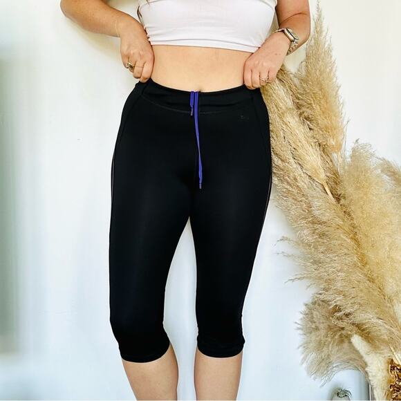 H&M SPORT Black Purple Stripe Mesh Inset Tie Cropped High Rise Gym Leggings M - Picture 4 of 15